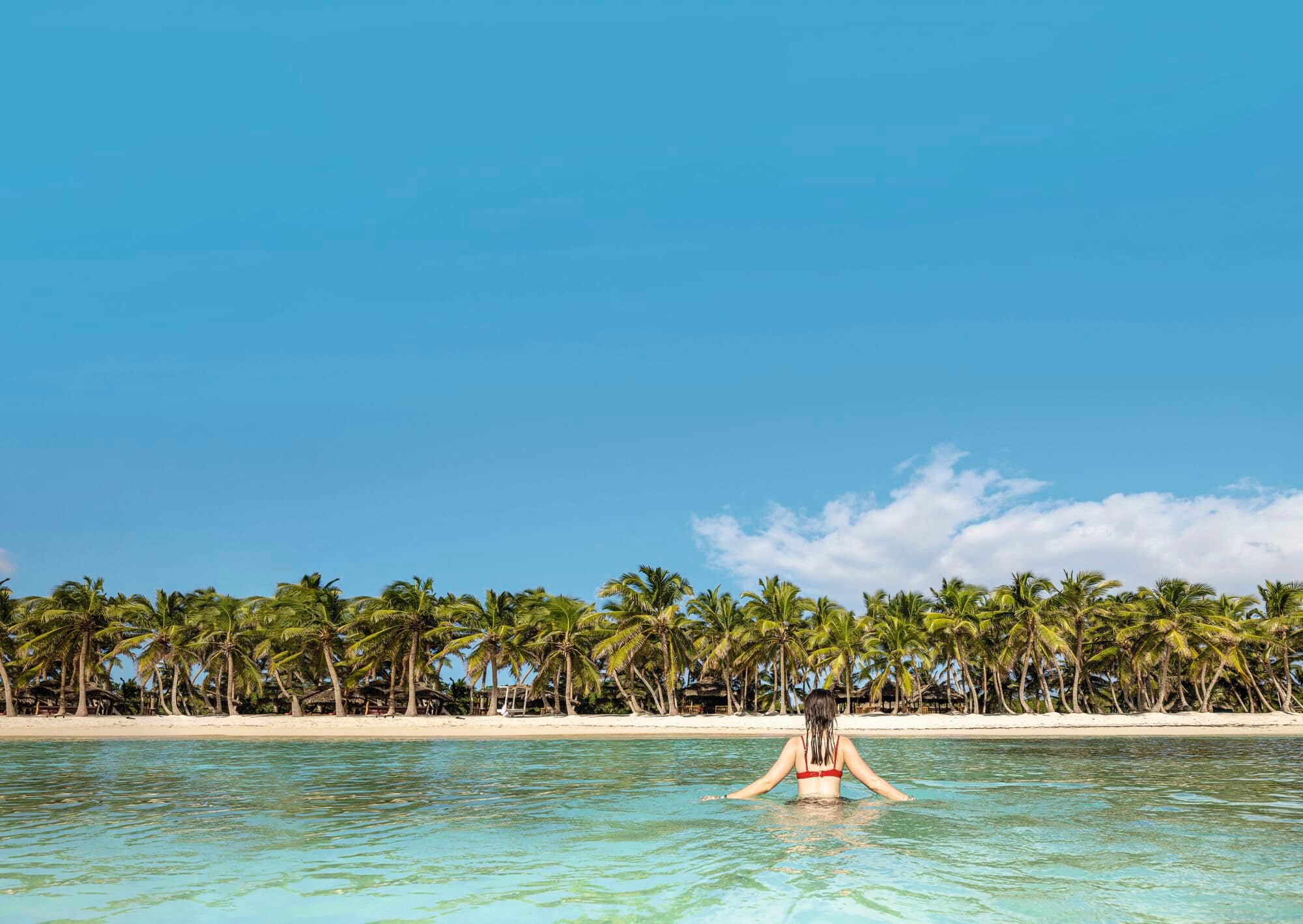 Woman standing in clear turquoise water, facing a sandy beach lined with tall green palm trees.