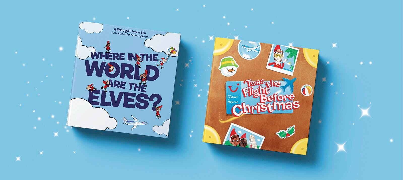 Two festive children's books from TUI with travel-themed Christmas stories and colourful illustrations.