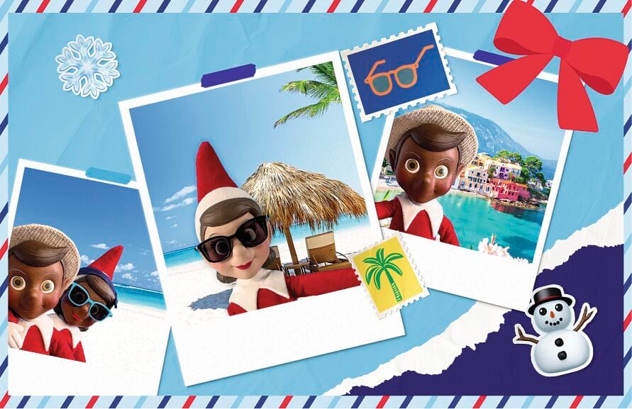 Festive airmail-styled collage featuring elves.