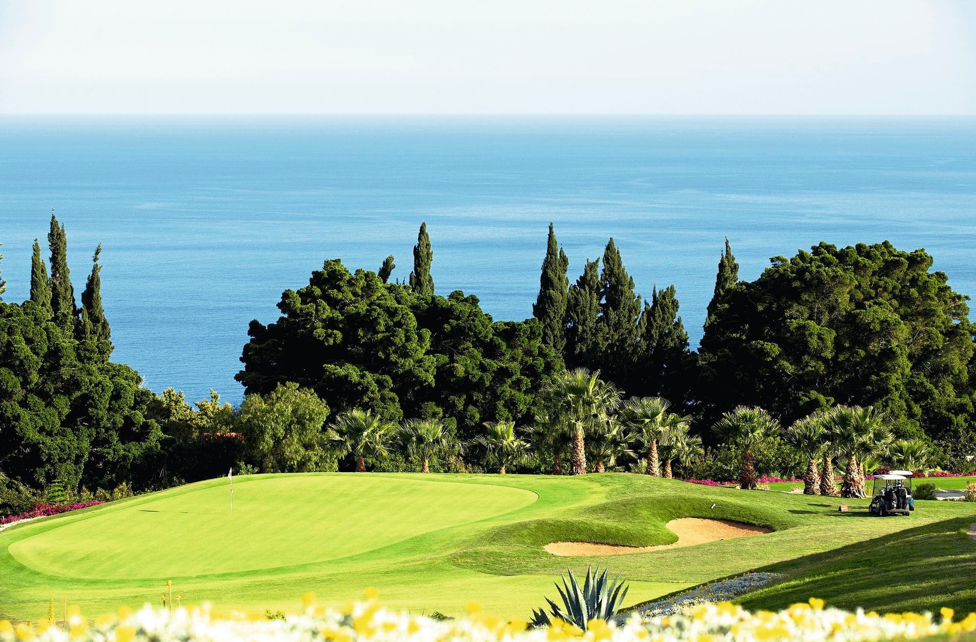 A green golf course by the sea.