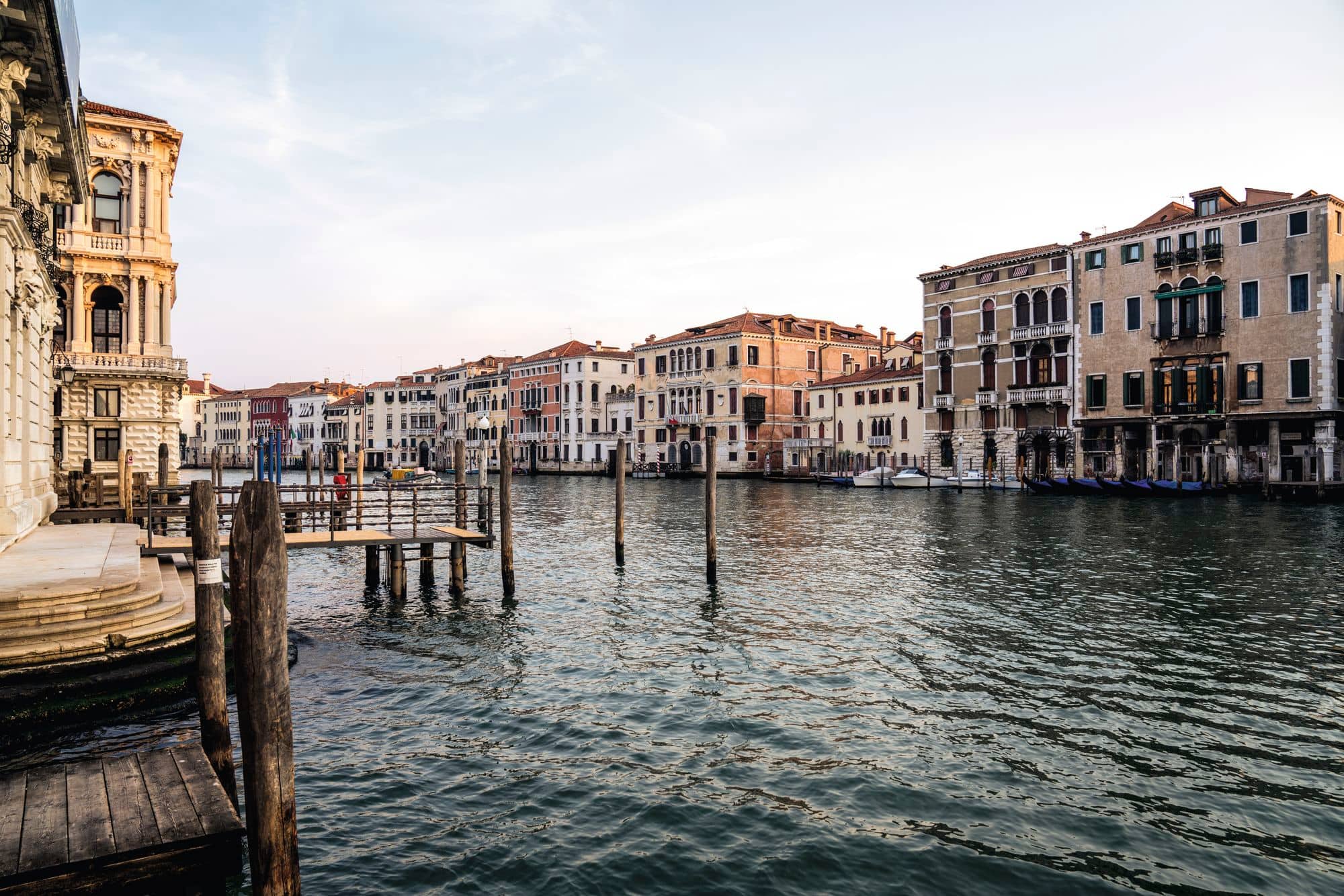Venice buildings along the water at sunset.