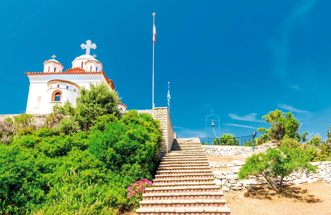 Traditional Greek Church in Karlovasi town, Samos island, Greece