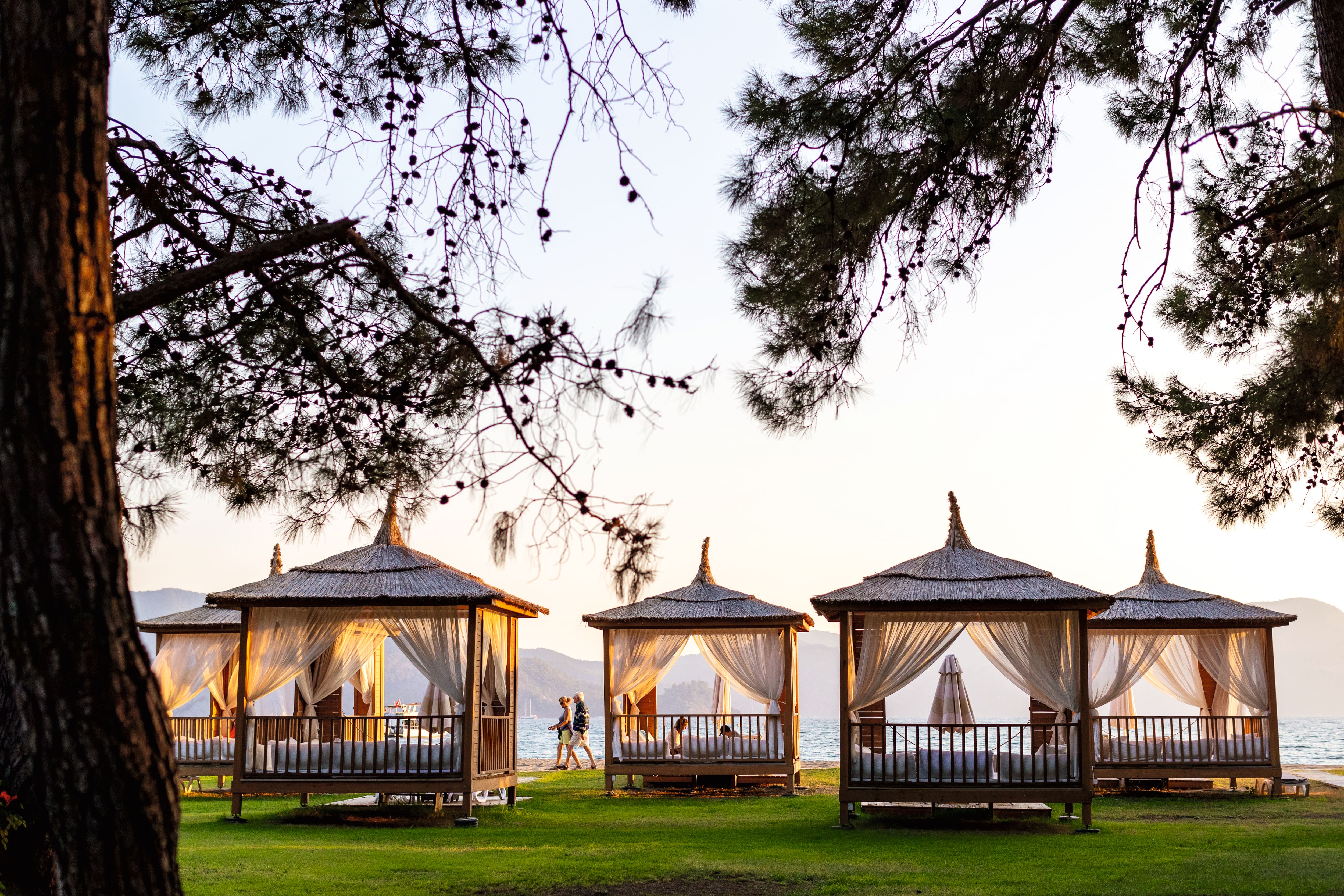 A row of cabanas by the beach.