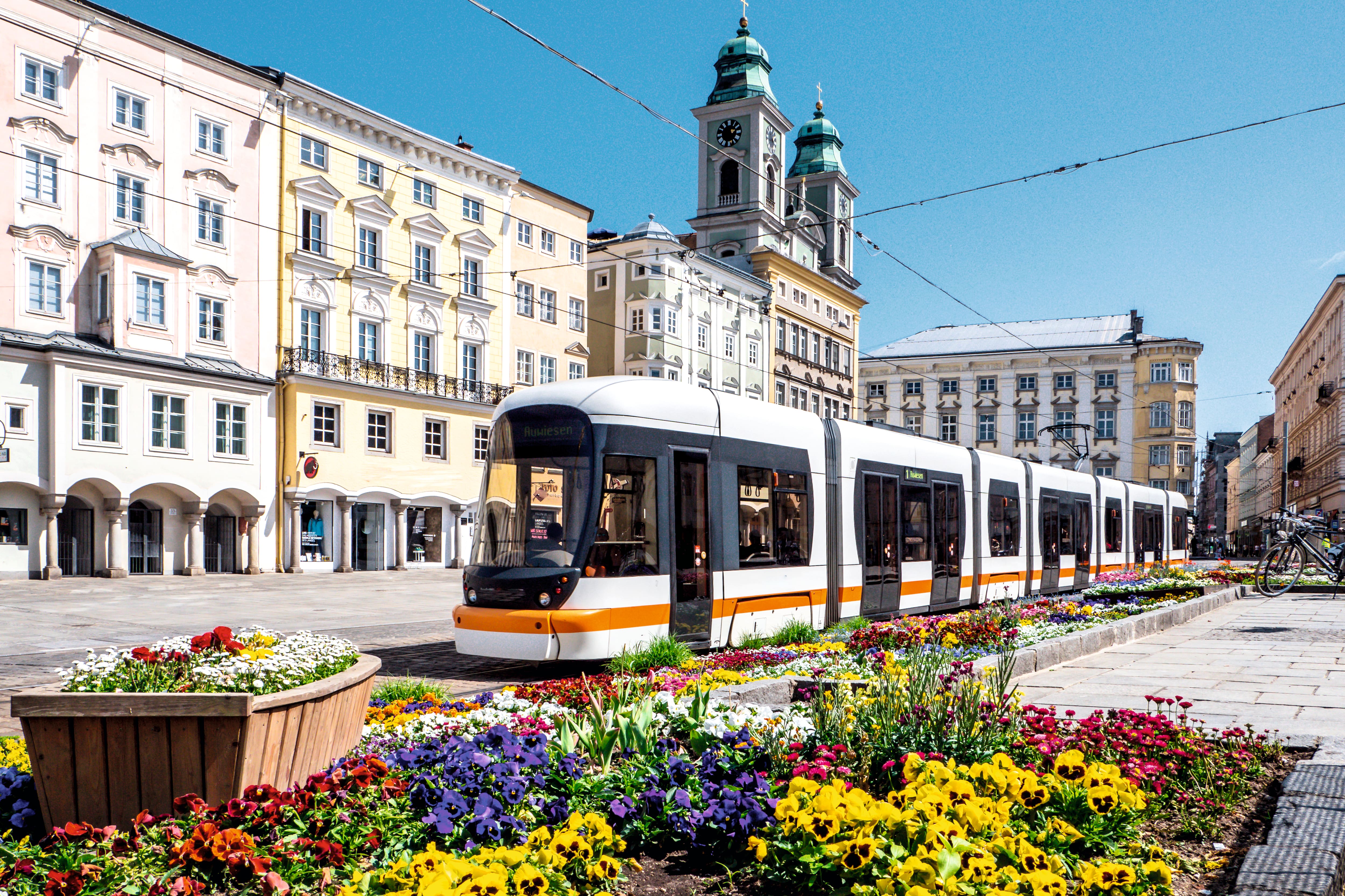 Tram in the town square with flowers, Linz.