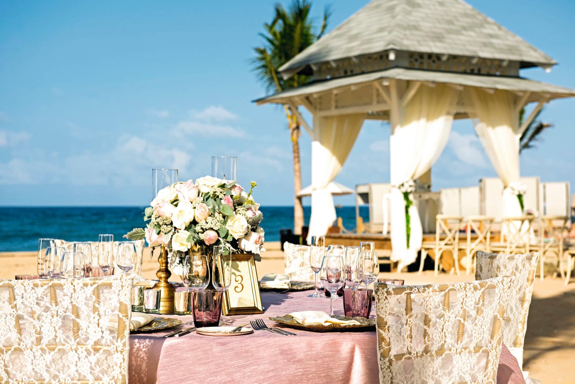 A beach wedding ceremony set-up at Nickelodeon Hotels & Resorts Punta Cana, Dominican Republic.
