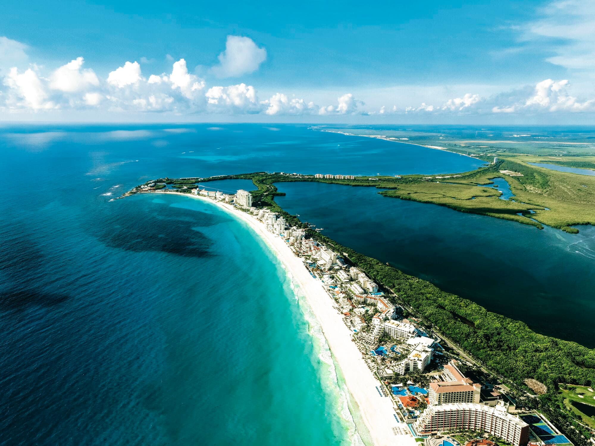 Overhead view of the coastline of Cancun.