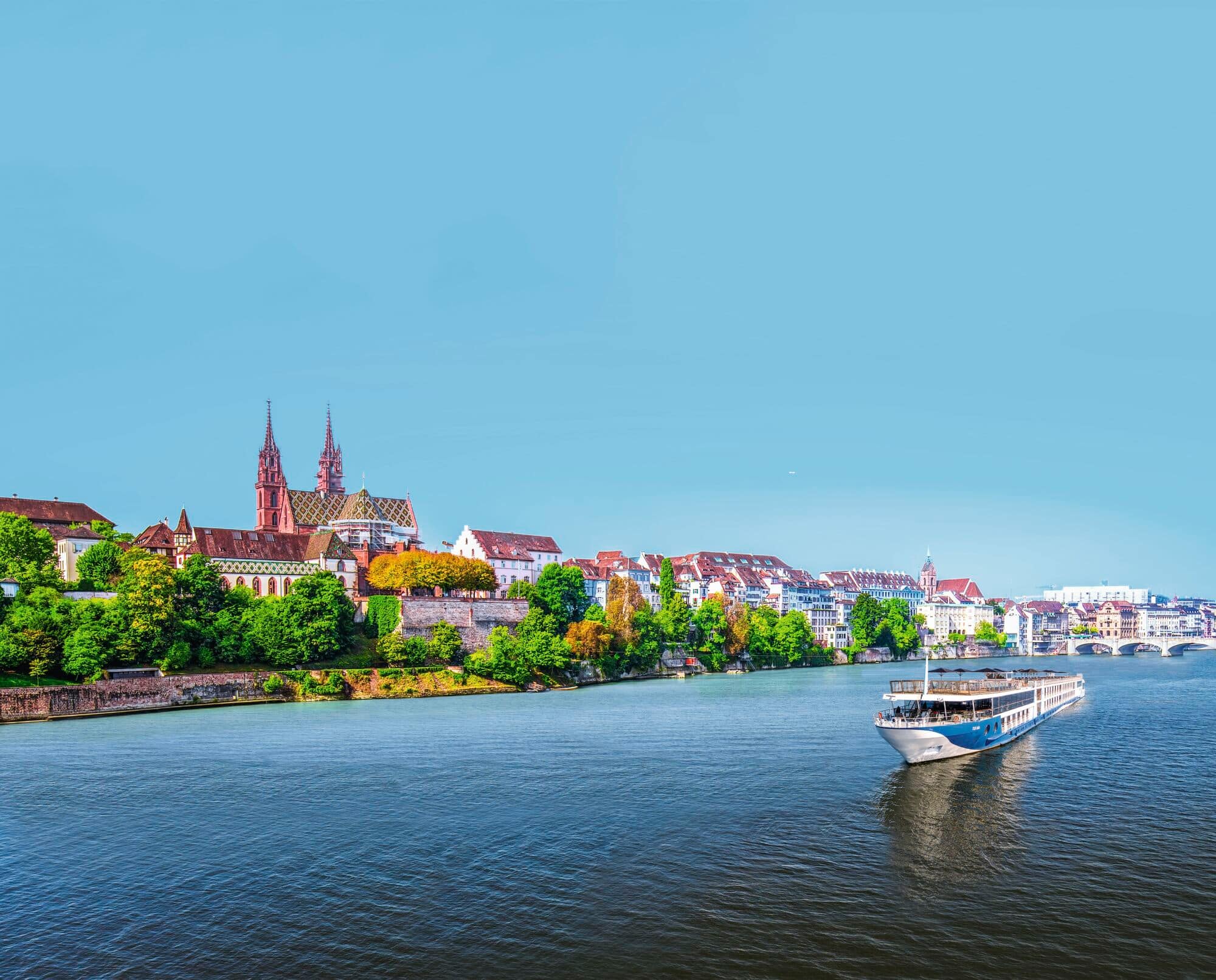 Old city centre of Basel with Munster cathedral and the Rhine River.