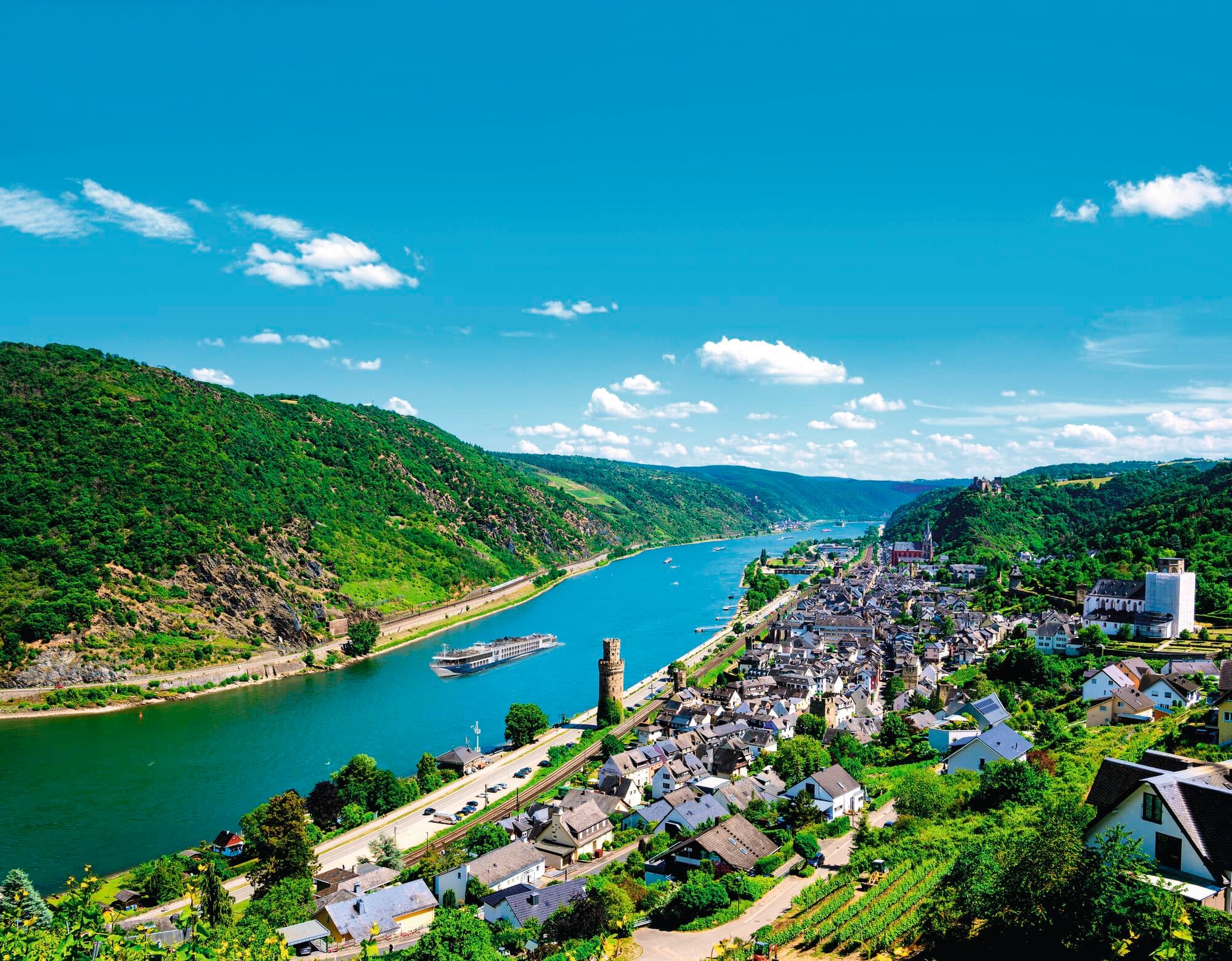 Aerial view of Oberwesel am Rhein, a small town on the Rhine River.
