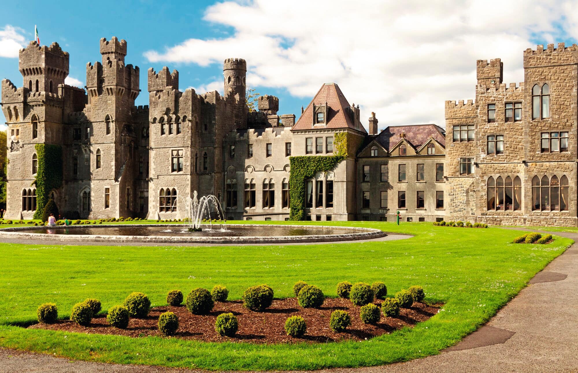 Medieval Ashford castle and gardens in County Mayo, Ireland.