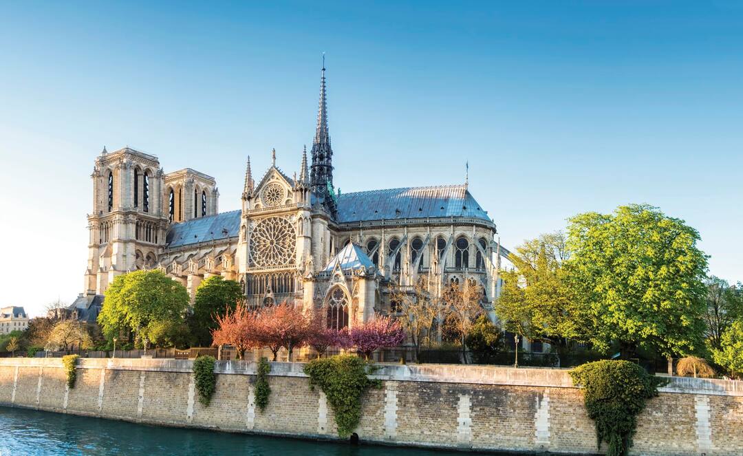 Notre Dame Cathedral in Paris on a bright afternoon in Spring