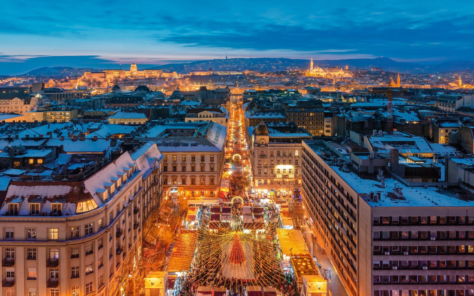 View of a Christmas market in Budapest.