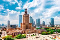 Palace of Culture and Science and downtown business skyscrapers, city centre.