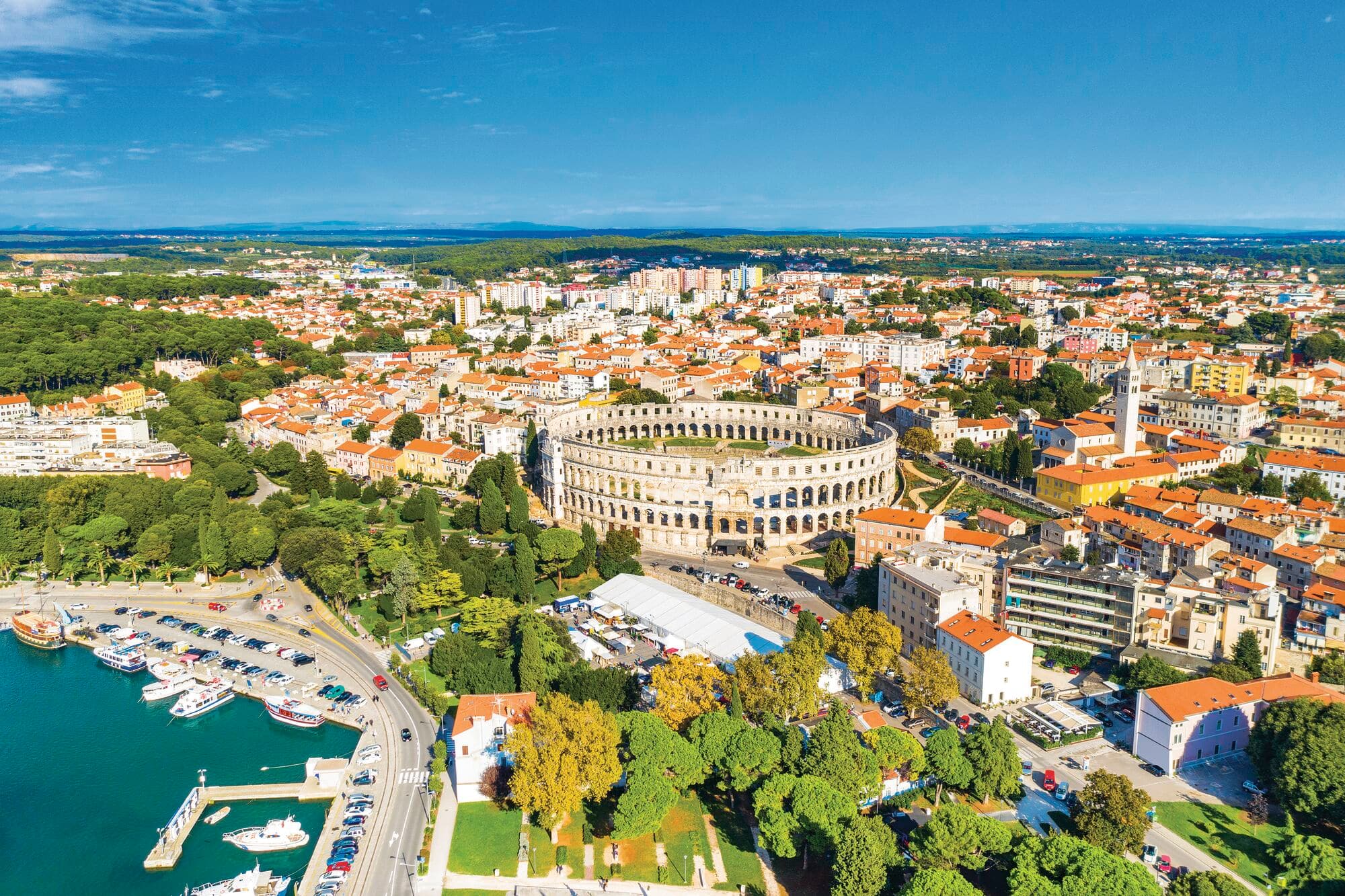 Panoramic view of the ancient Roman arena in Pula, Croatia.