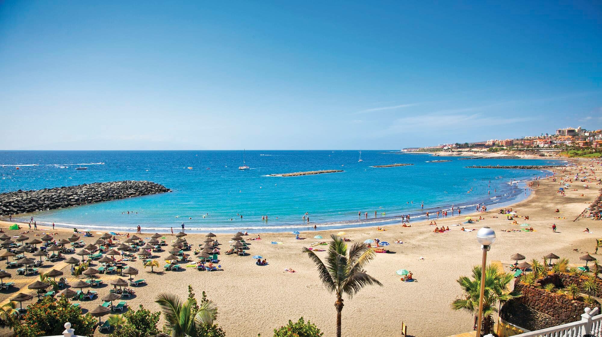 A sandy beach lined with palm trees, sun loungers and parasols. 