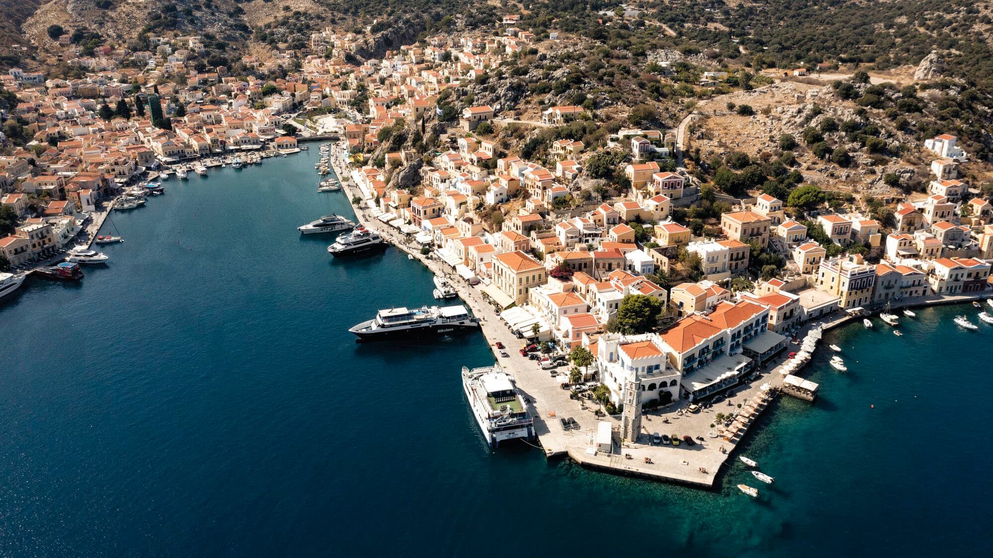 An aerial view of the waterfront, Symi Island