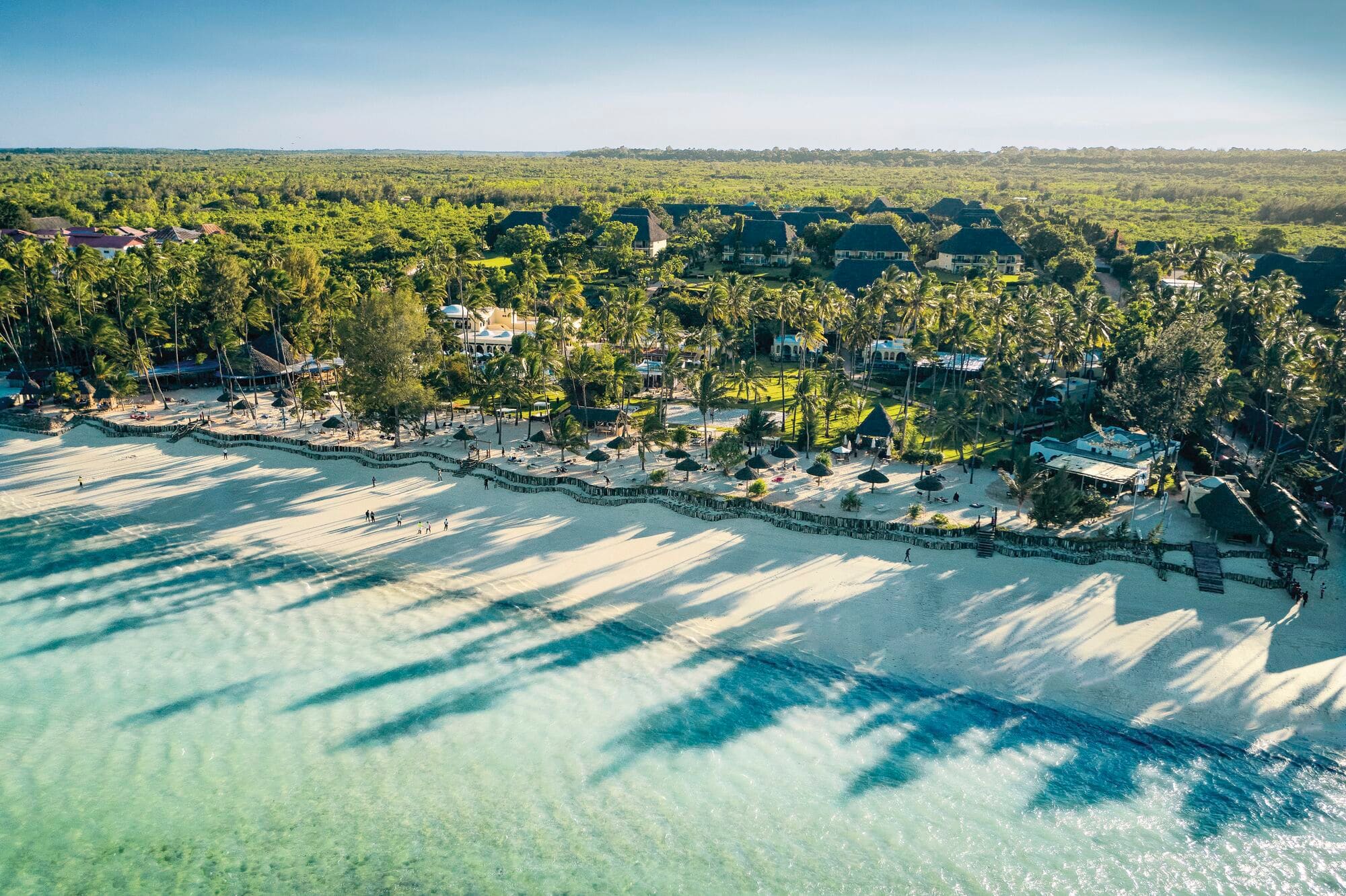Aerial view of a beach with palm trees in the background.
