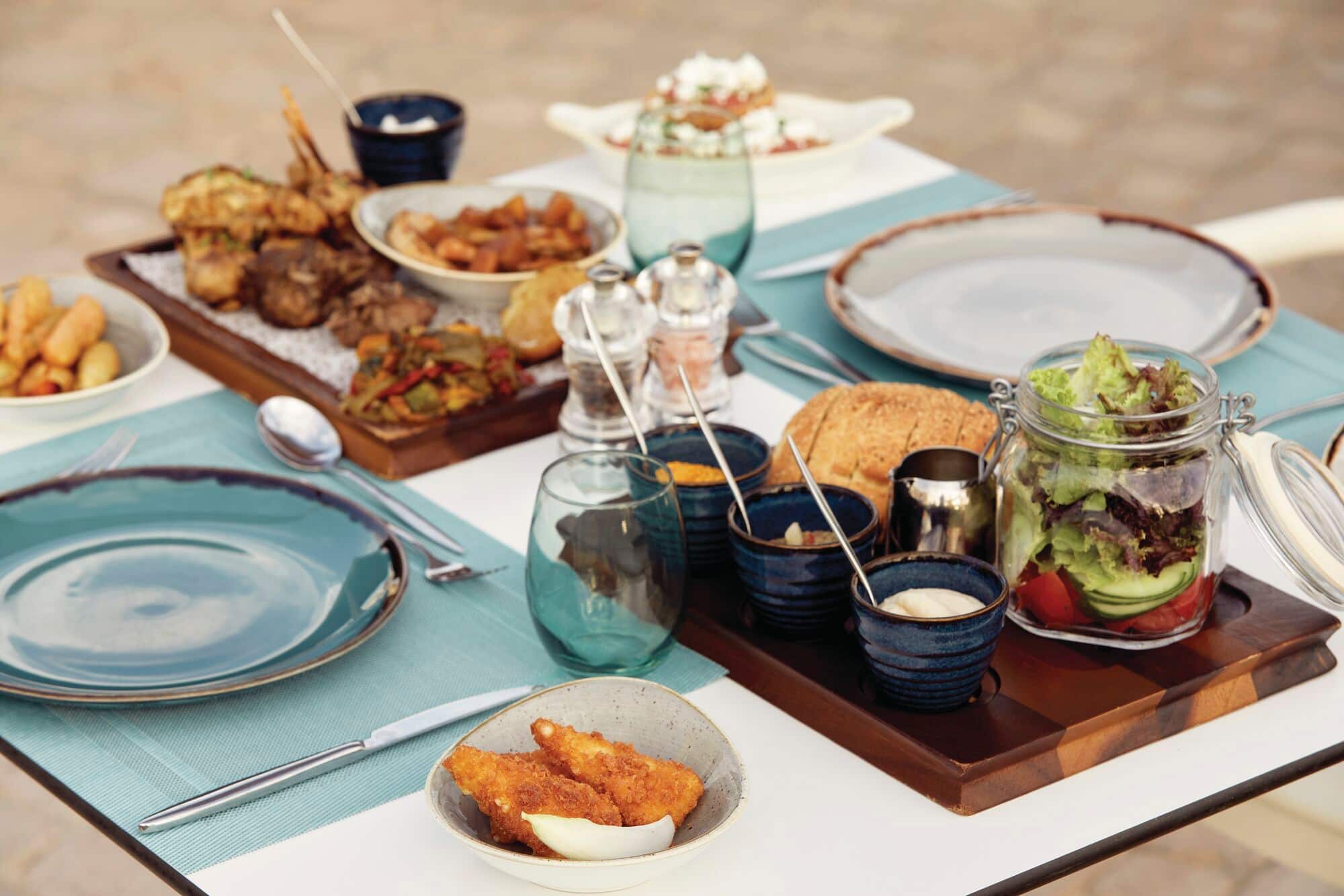 Food arranged on a dining table.