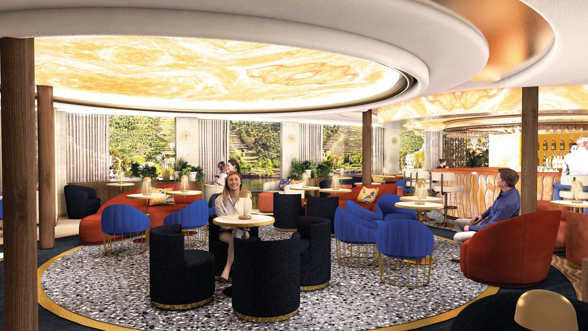 A view of the main lounge bar on board called the Novo Lounge.