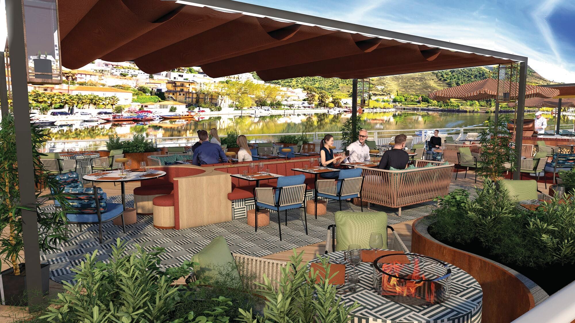 The cinder bar on the top deck of the river cruise.