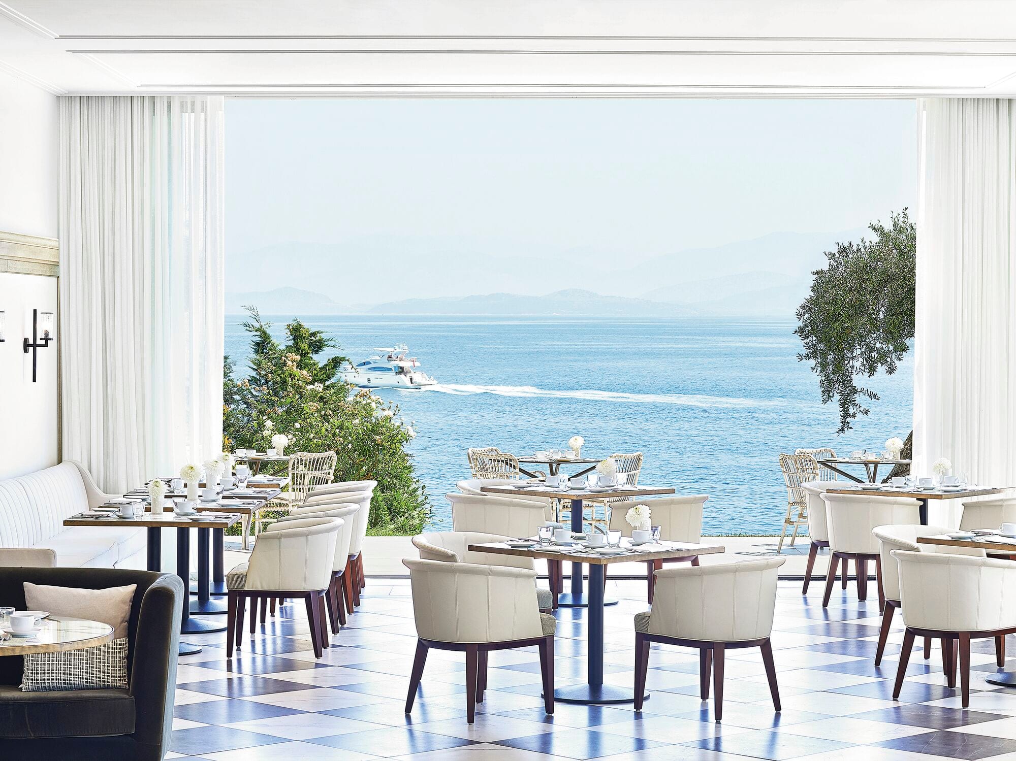 A restaurant area overlooking the sea.