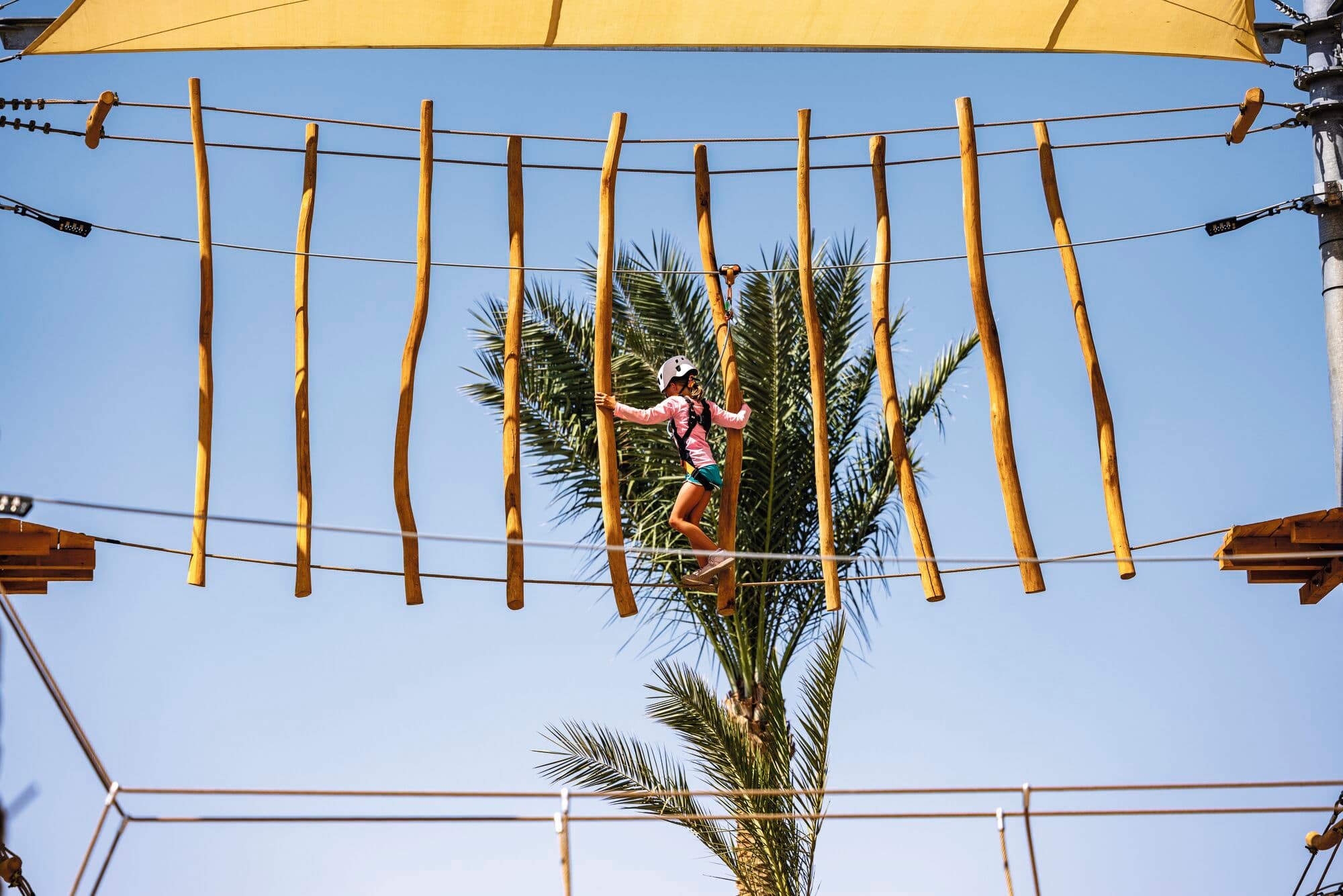 Children in climbing gear on the Aerial Adventure course.