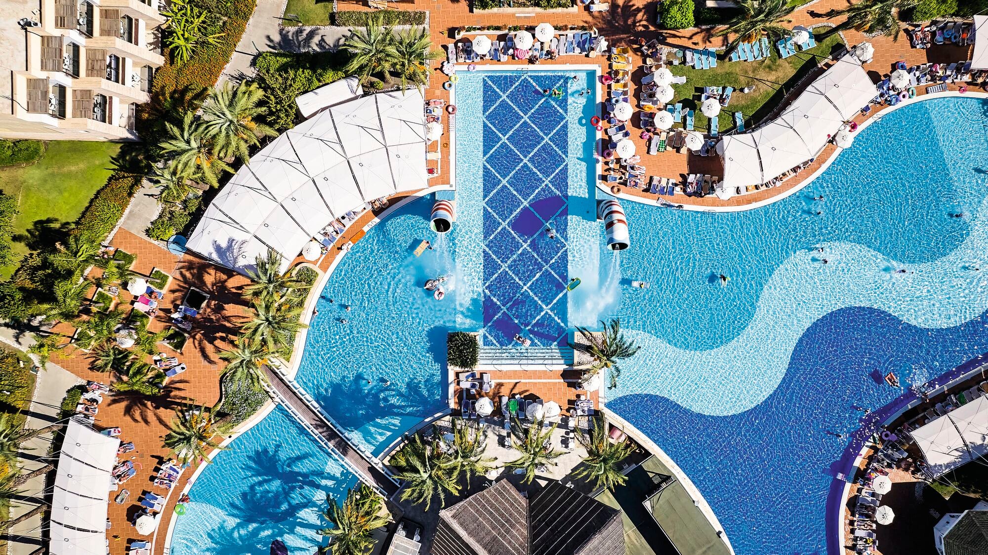 A birds eye view of a swimming pool.