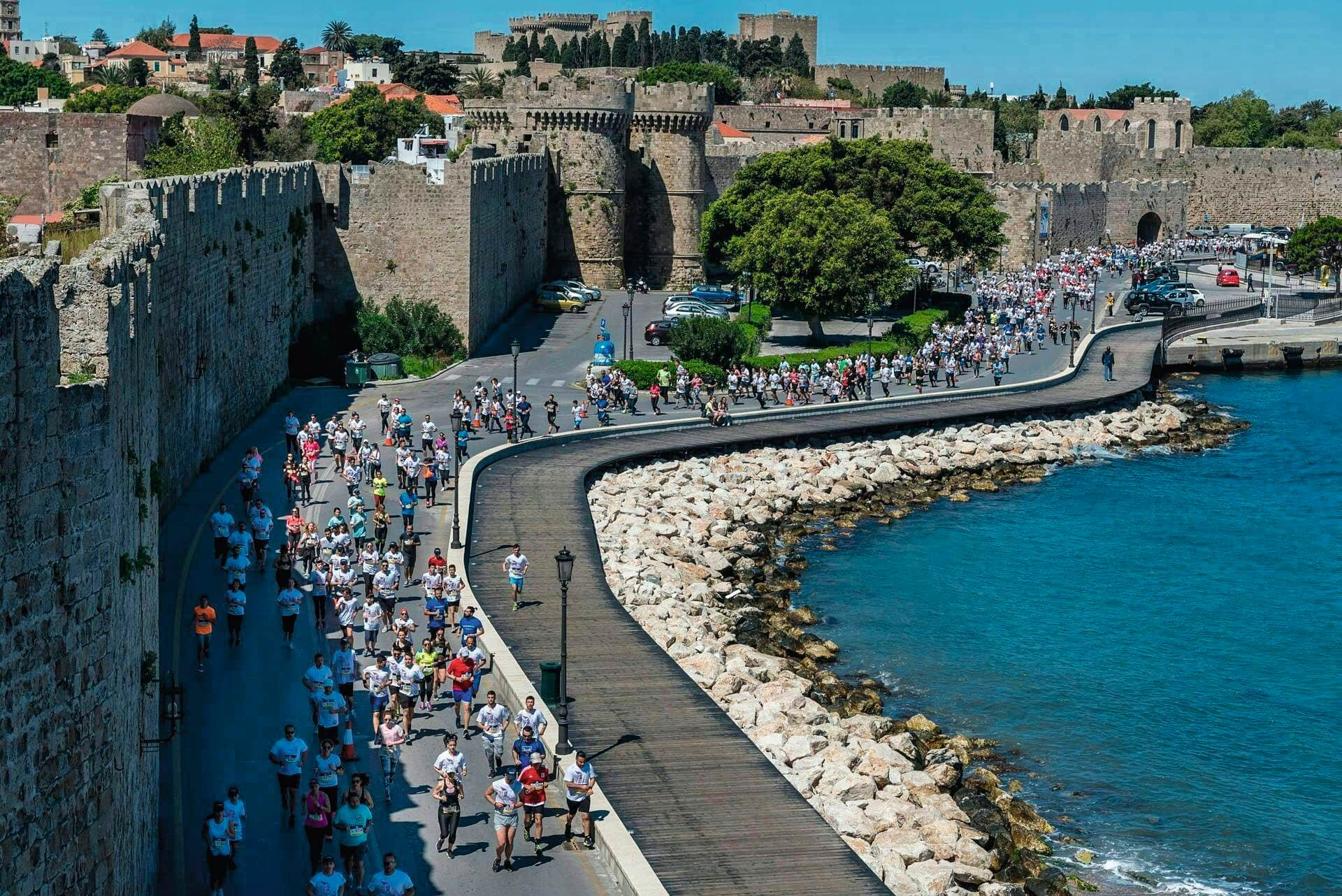 Runners racing along the ancient walls of Rhodes.