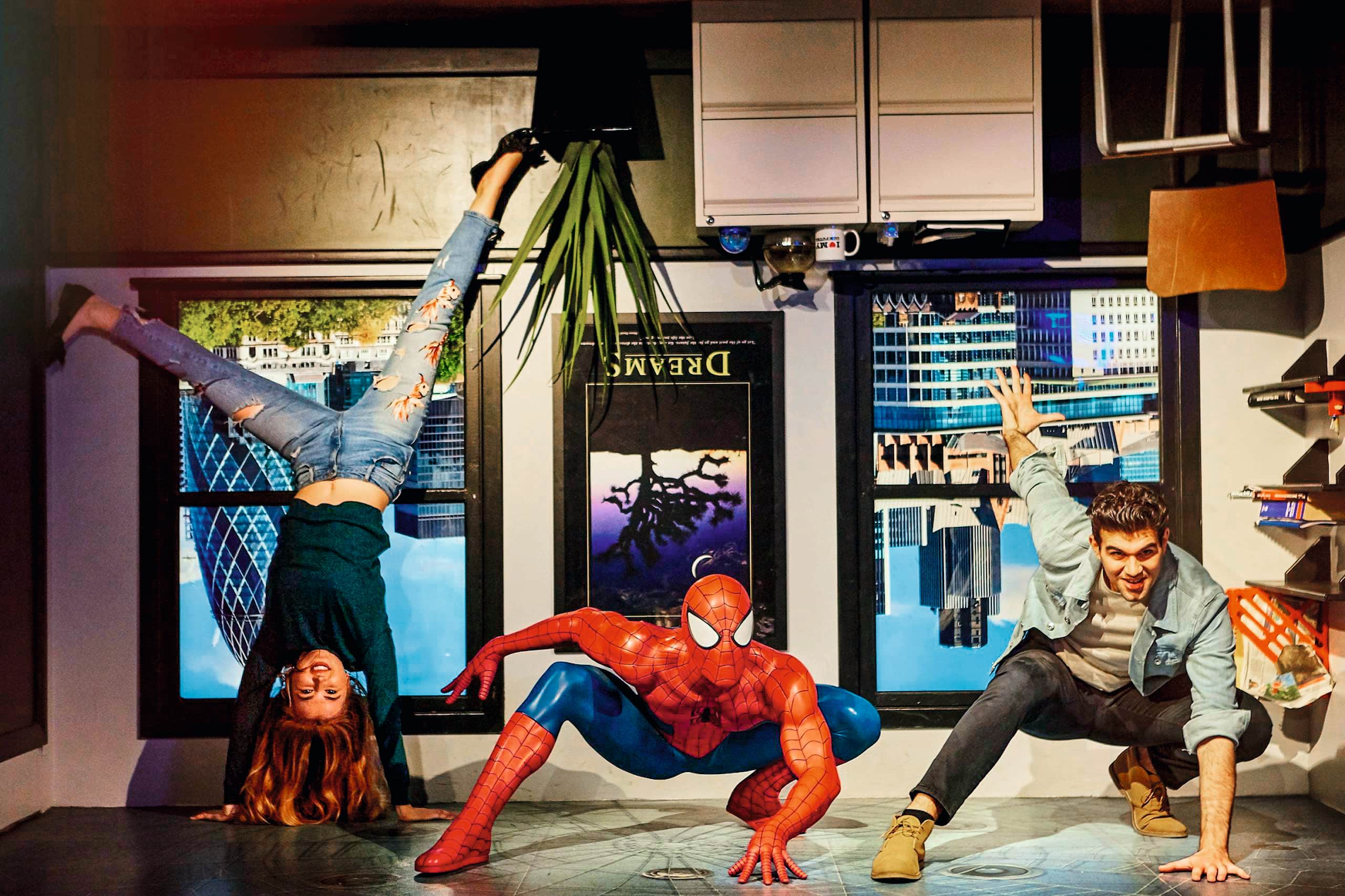 A wax model of spider-man.