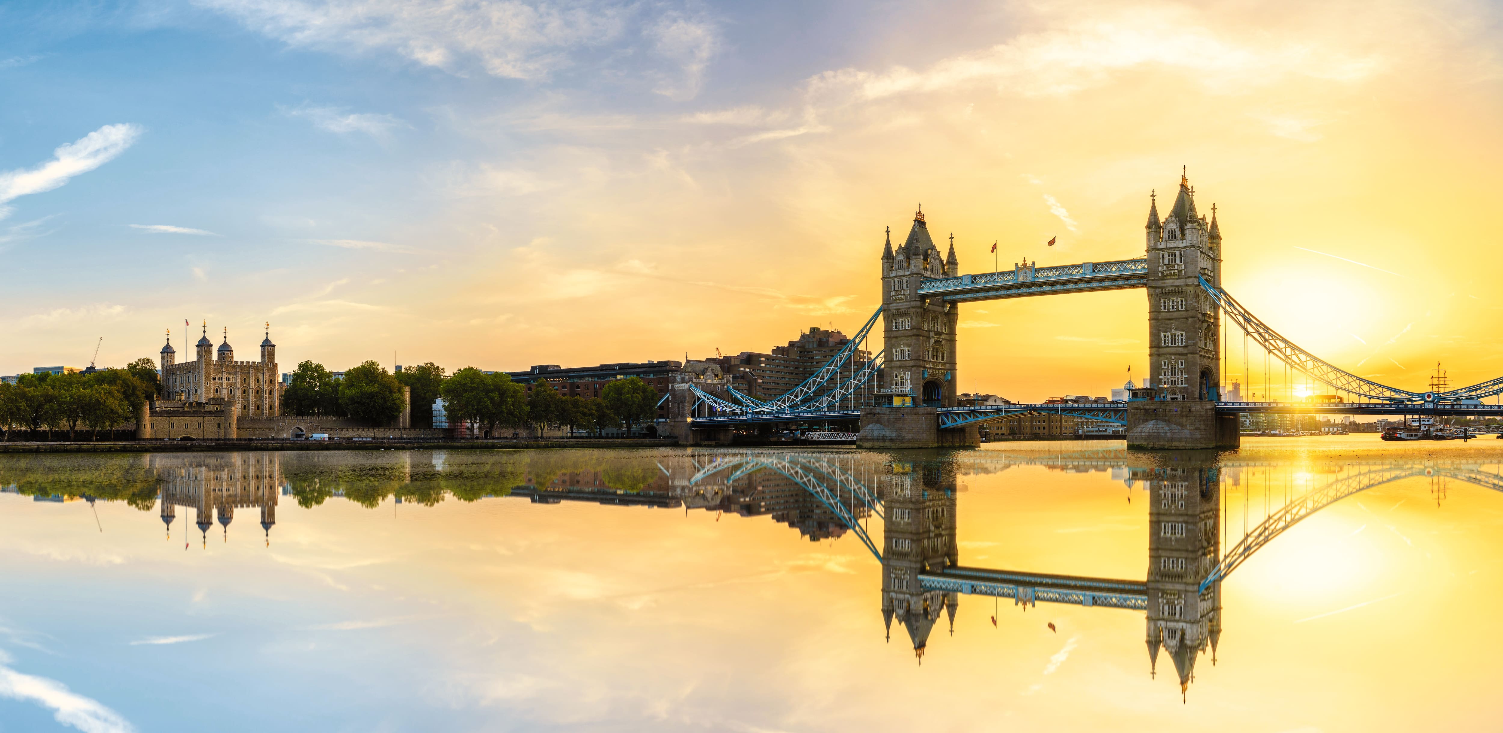 The London skyline at sunset.