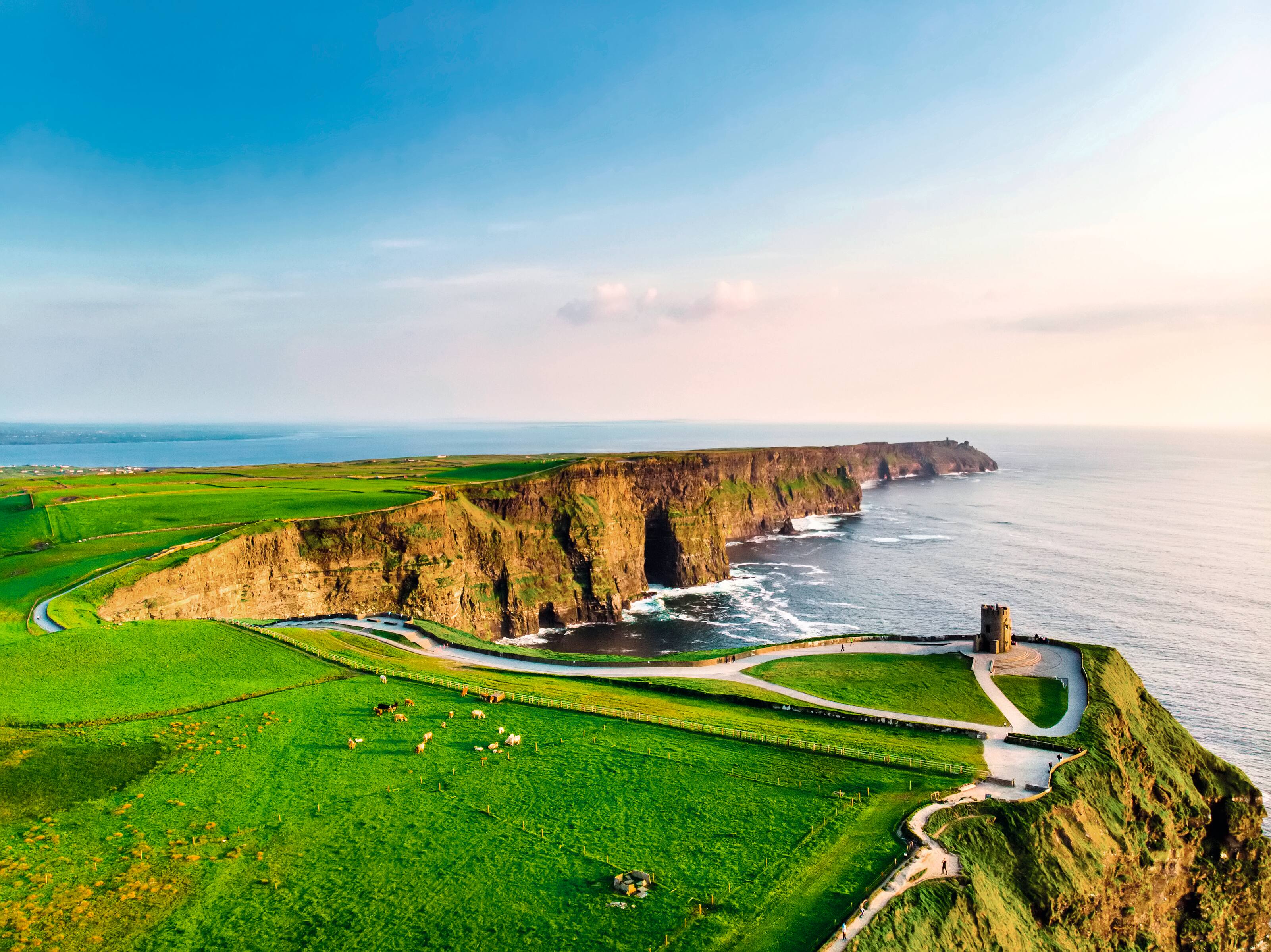 An aerial view of the Cliffs of Moher.