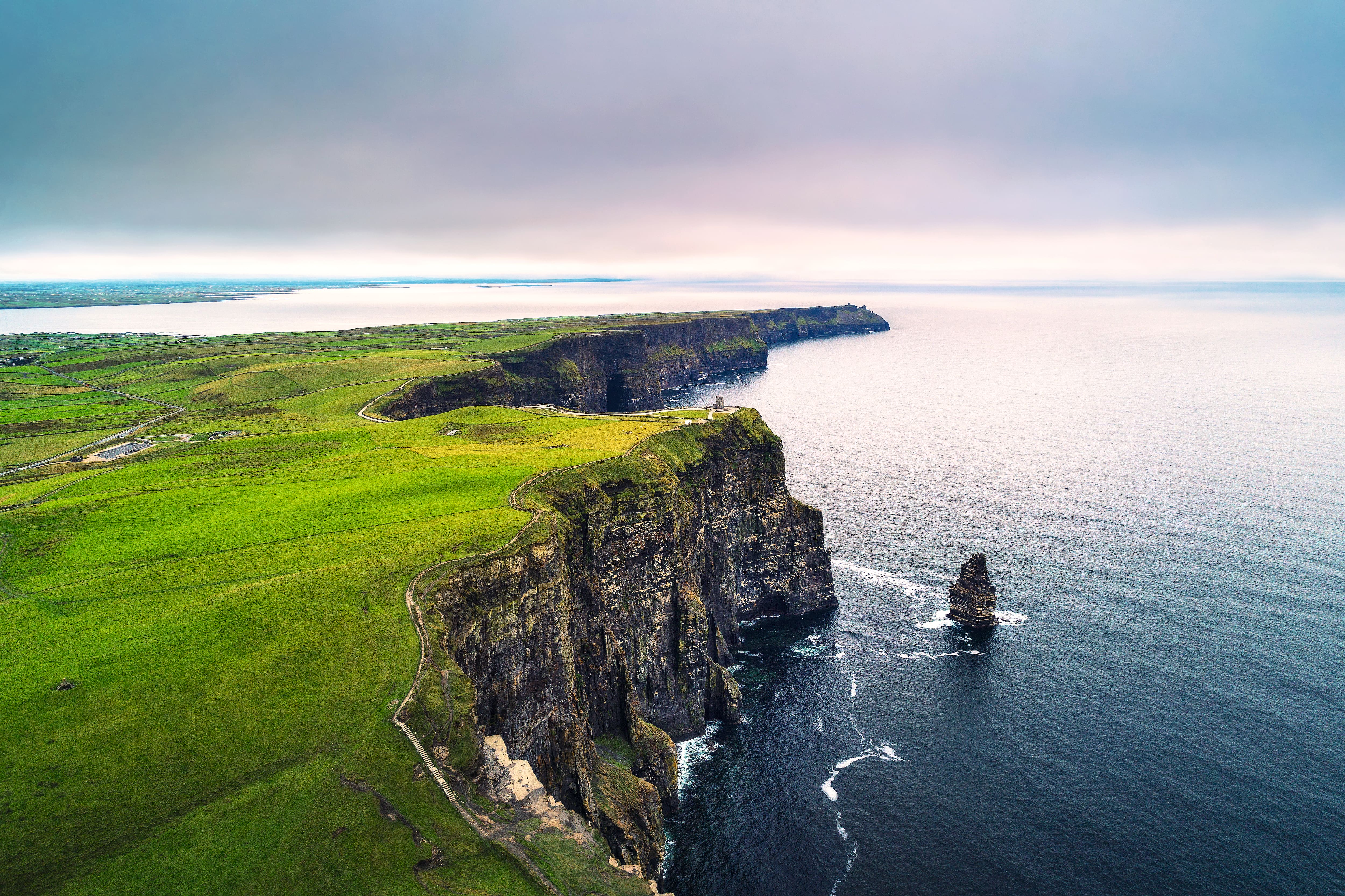 An aerial shot of the Cliffs of Moher.