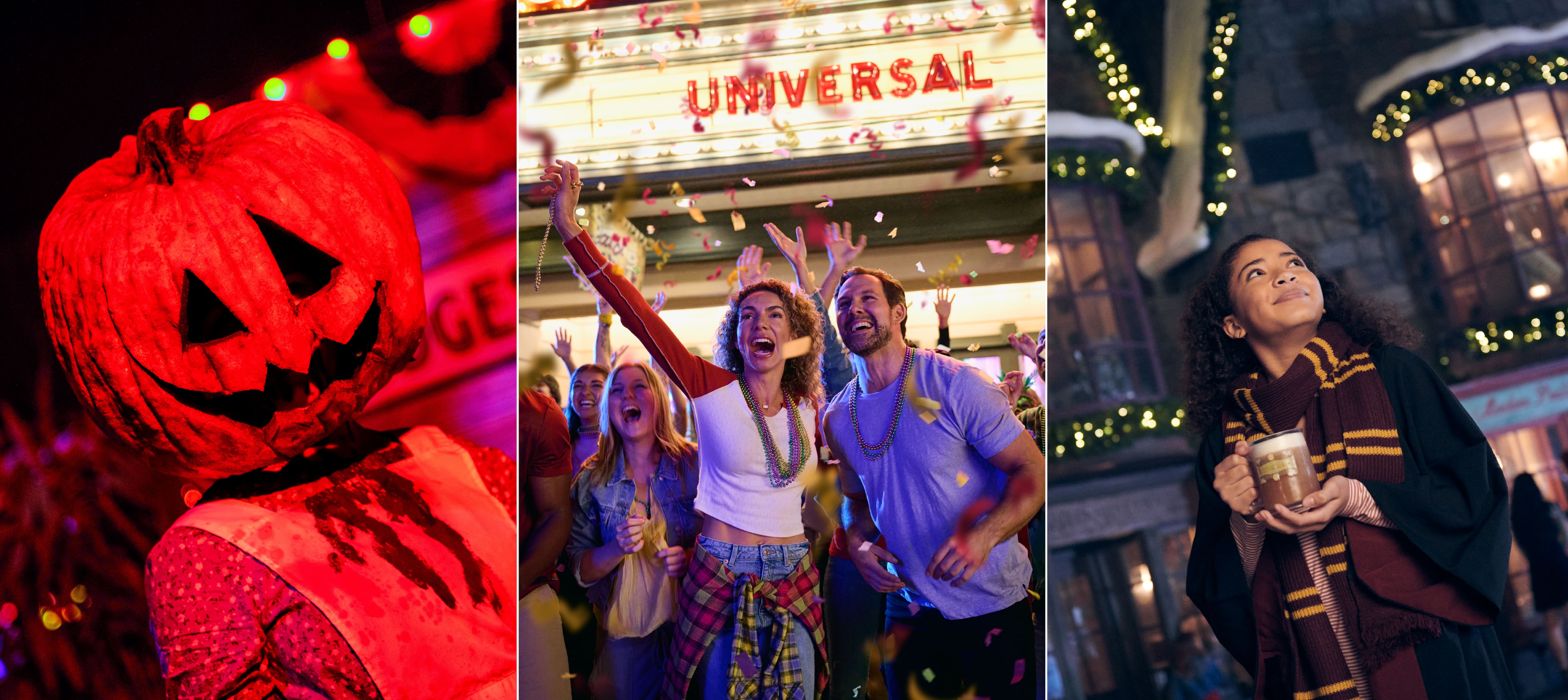 A split image of a pumpkin, people celebrating mardi gras, and a person dressed in Harry Potter clothing.