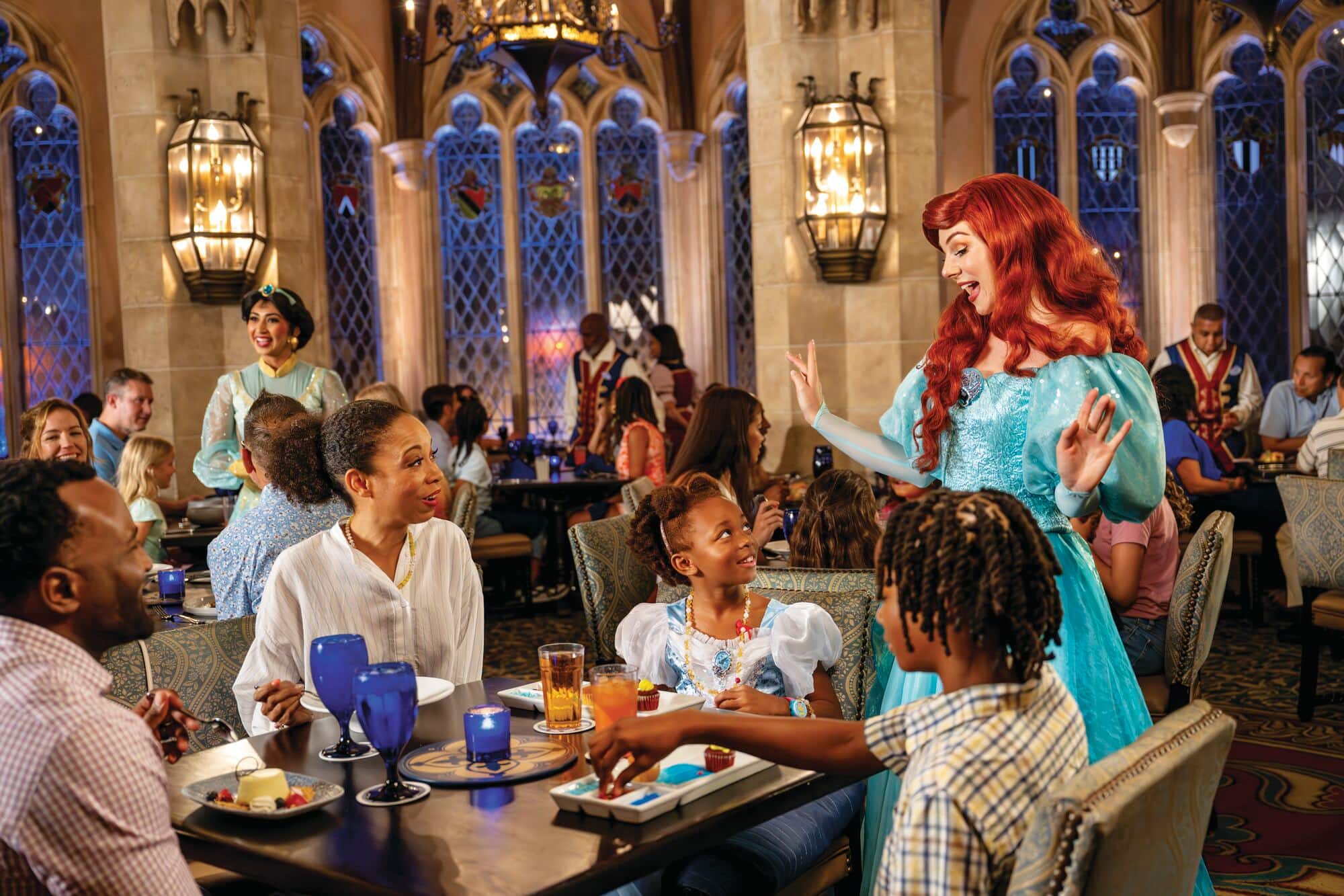 A family meeting a Disney princess.