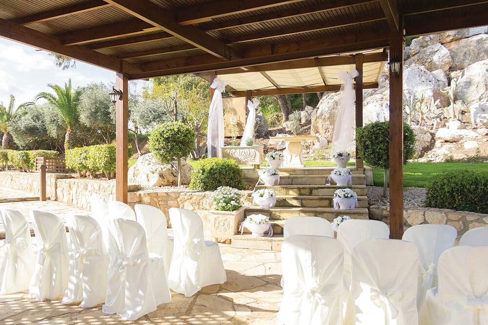 A wedding ceremony set-up in St Elias Gardens, Protaras, Cyprus.
