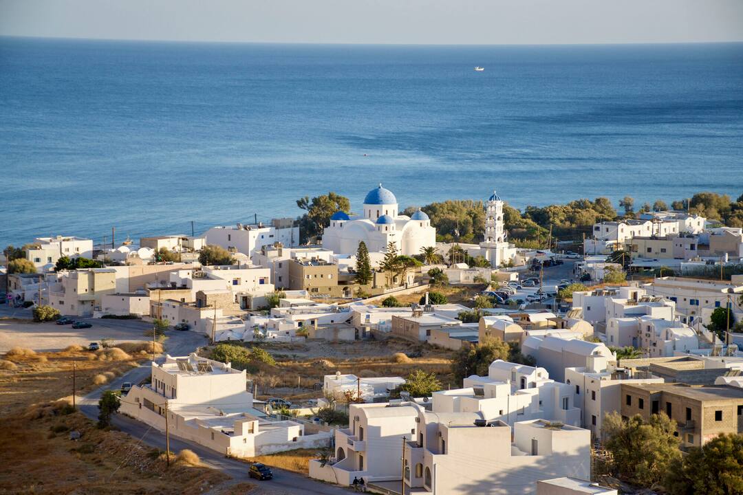 Looking across the town at sunset, Perissa, Santorini