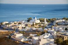 Looking across the town at sunset, Perissa, Santorini