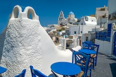 Iconic white buildings in Megalocori, Santorini