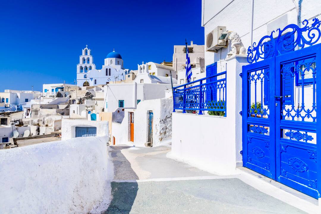 Iconic white and blue buildings, Pyrgos, Santorini