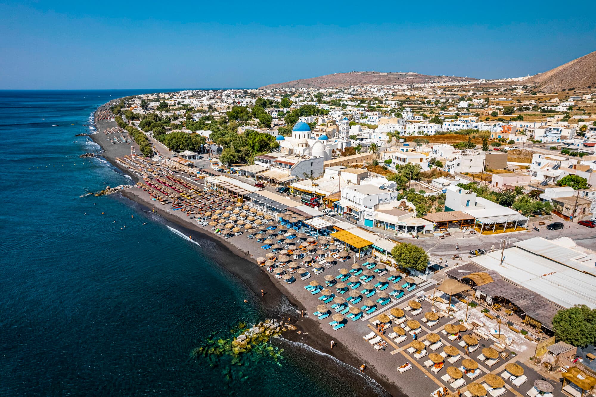 The colourful seafront in Perissa, Santorini