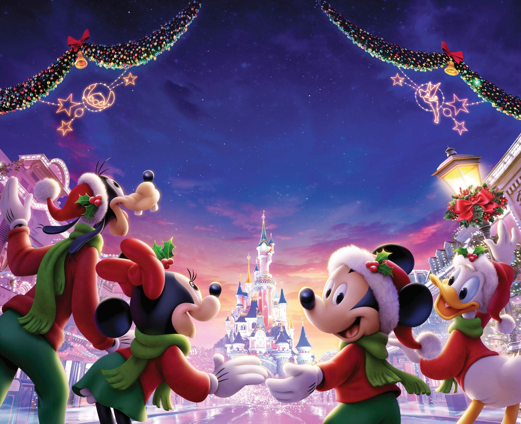 Mickey, Minnie, Goofy and Donald Duck in front of a Christmas-themed Cinderella Castle.
