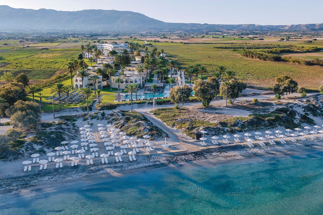 An aerial view of the resort, from the sea