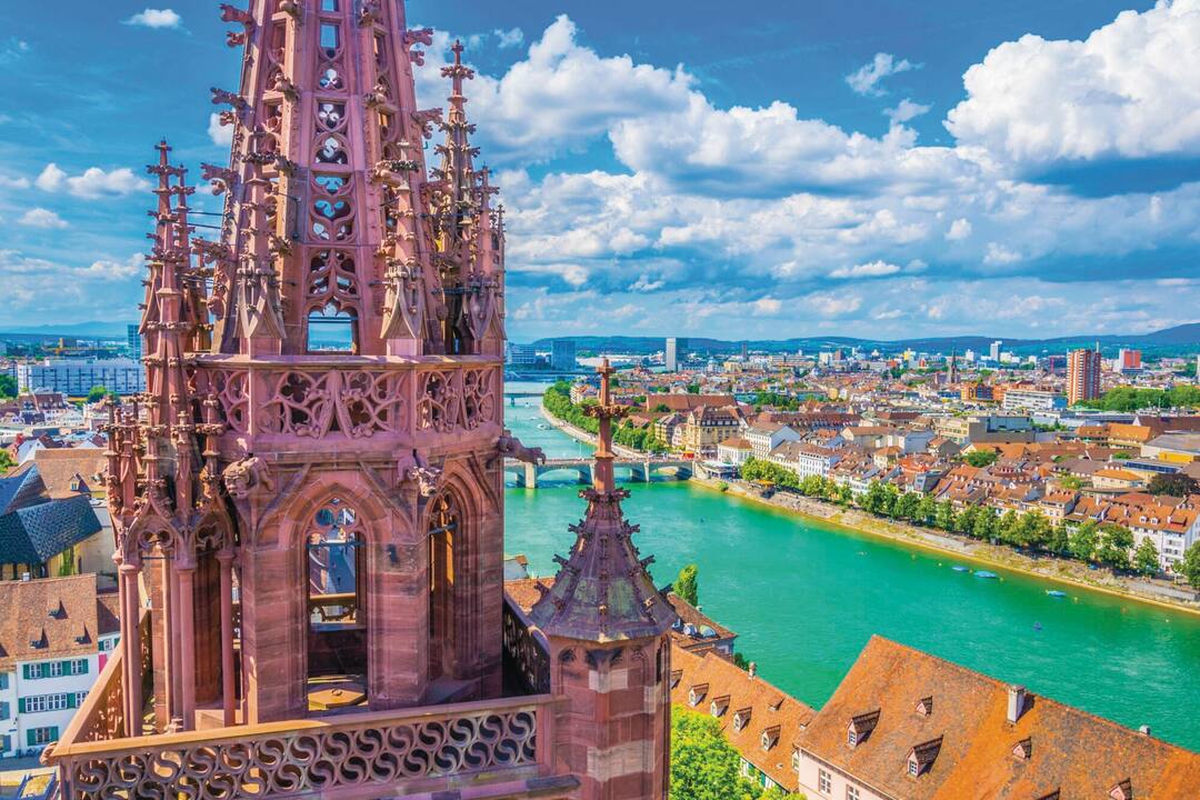 A close up of the steeple of the 12th century cathedral in Basel
