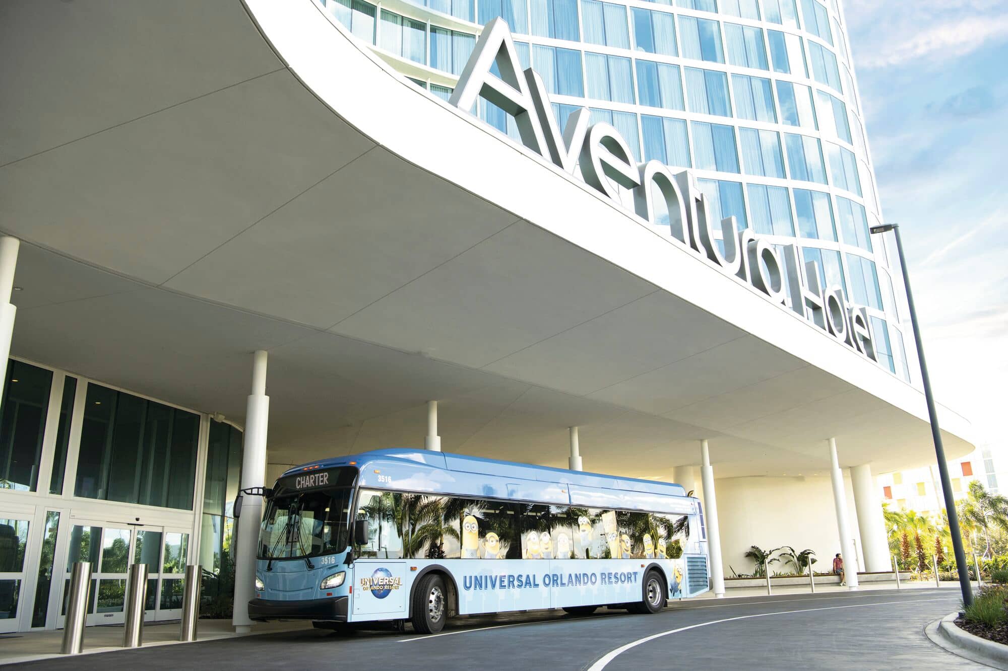 Universal Orlando Resort shuttle outside Aventura Hotel.