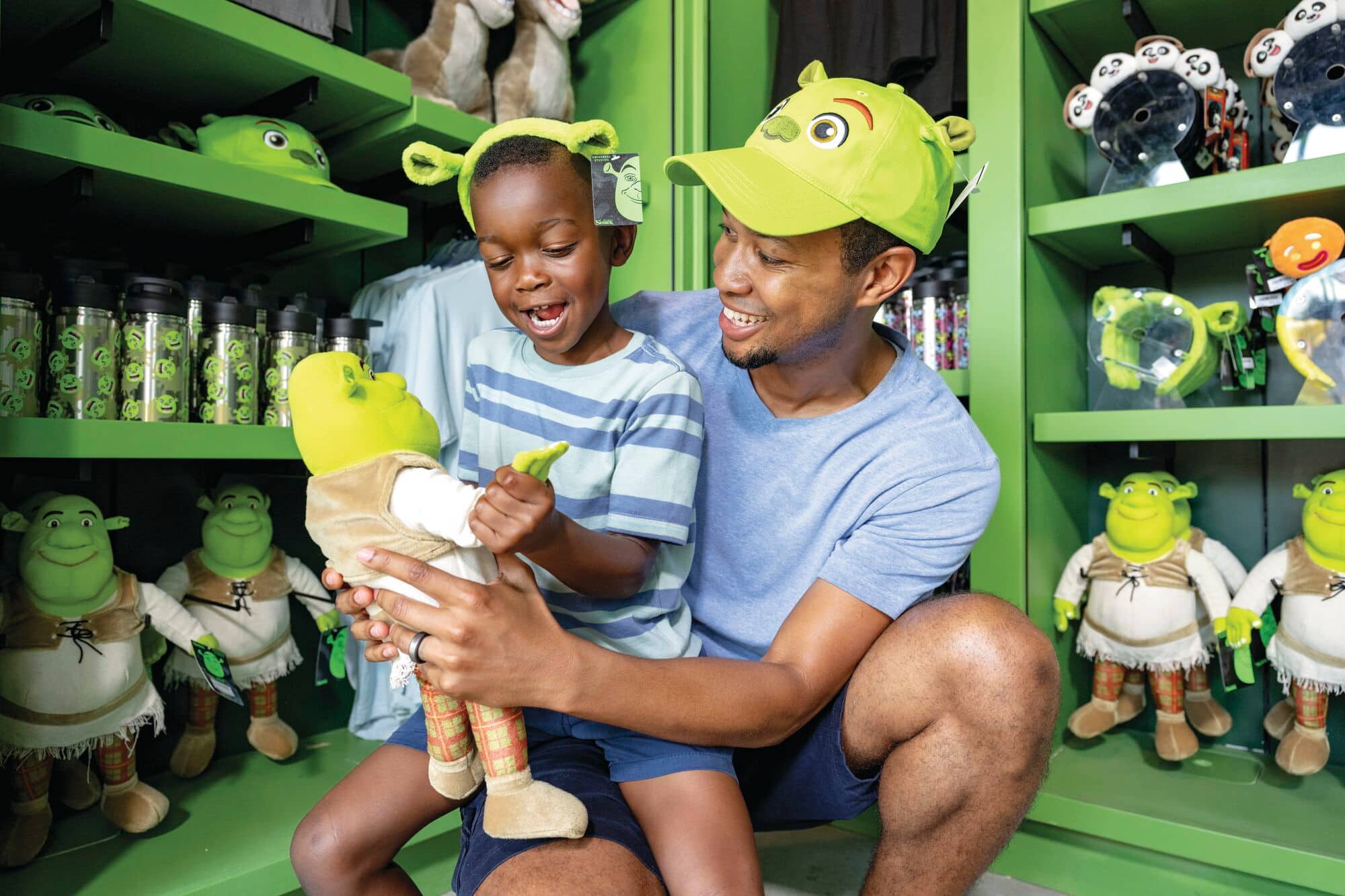 Shrek-themed souvenirs fill shelves at Universal Studios Florida. 