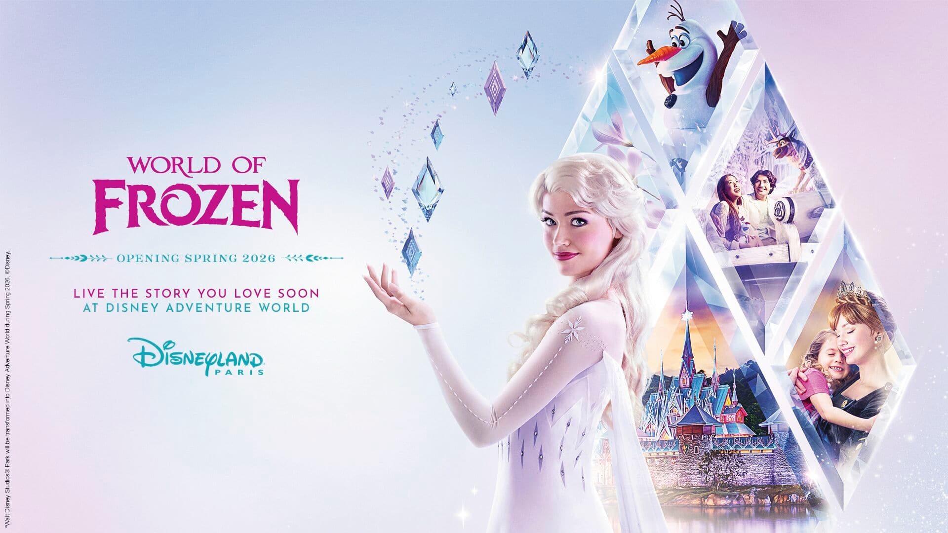 A World of Frozen poster, with Elsa in front of a snowflake showing Frozen scenes.