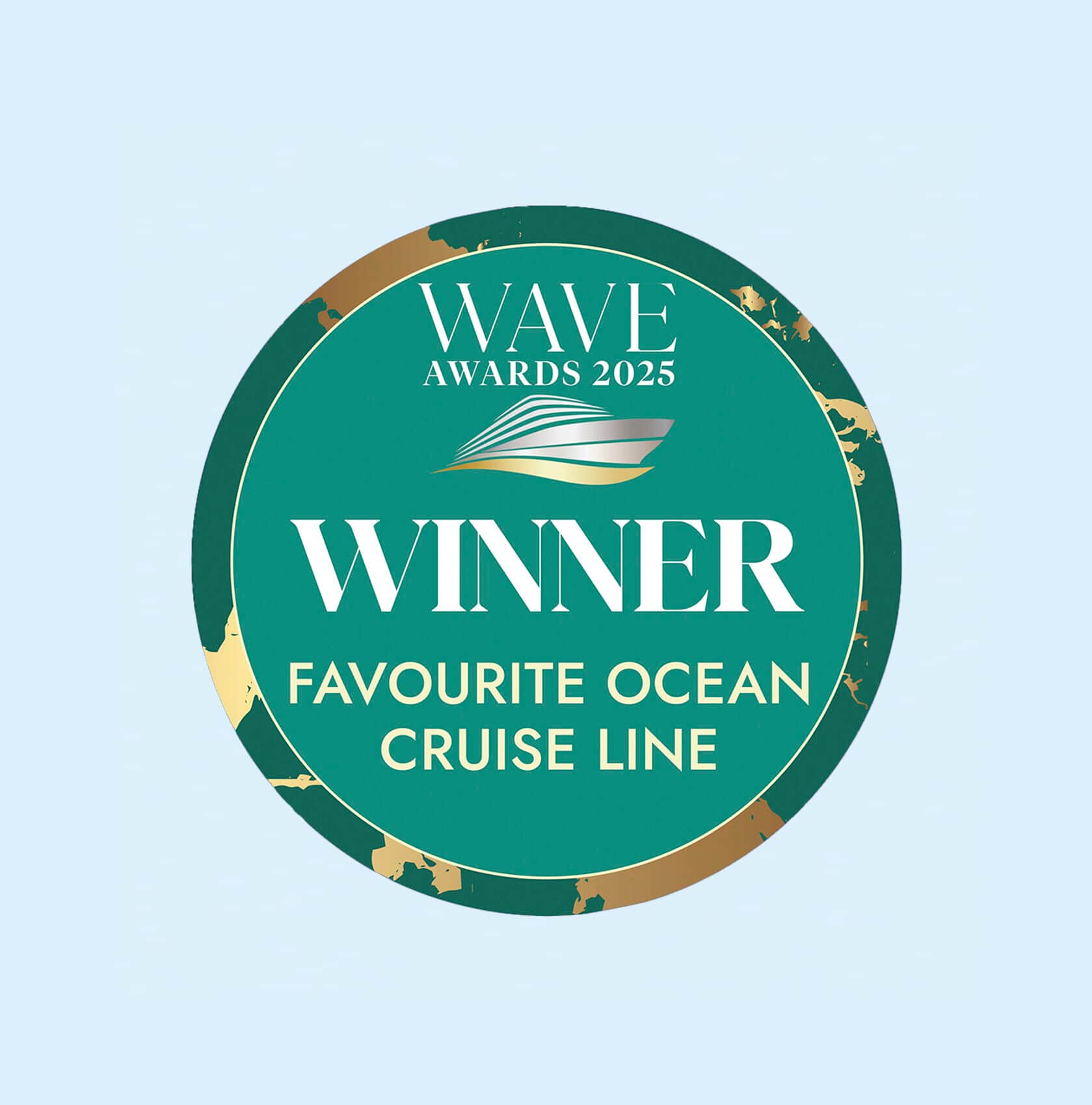 A logo that says "Wave Awards 2025, Winner of Favourite Ocean Cruise Line".