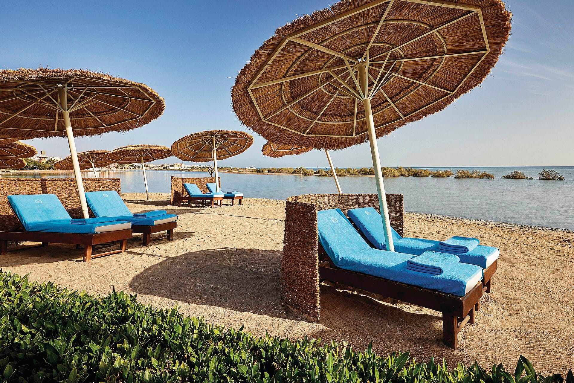 A luxury beach resort with thatched umbrellas and turquoise cushioned sunloungers on a sandy beach.