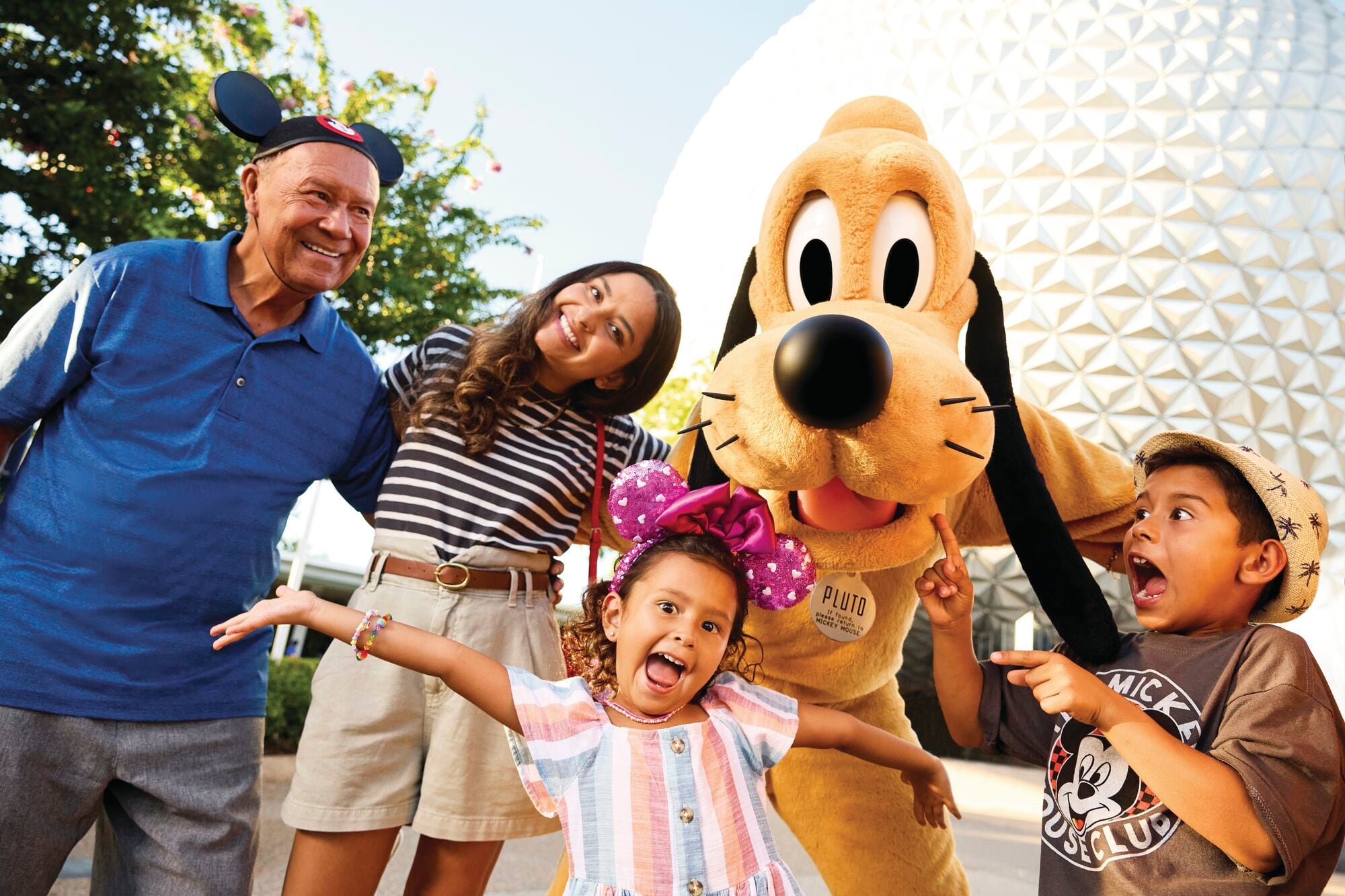 Epcot golf ball to the right, with monorail pass by.