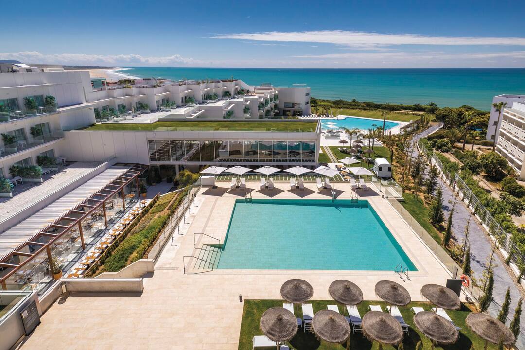 An aerial view of the pools and terraces