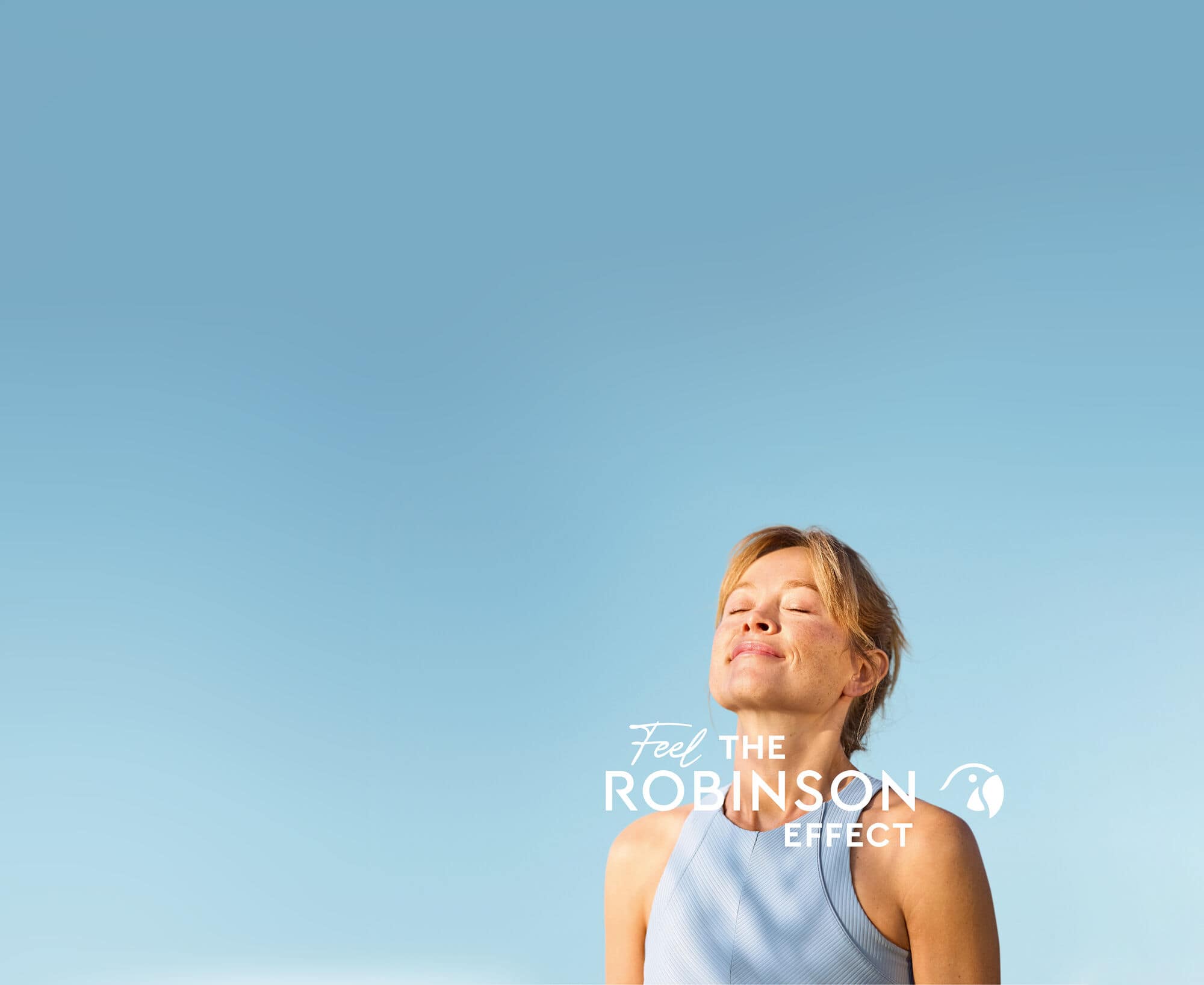 The Robinson logo played over an image of a woman relaxing on a blue backdrop.